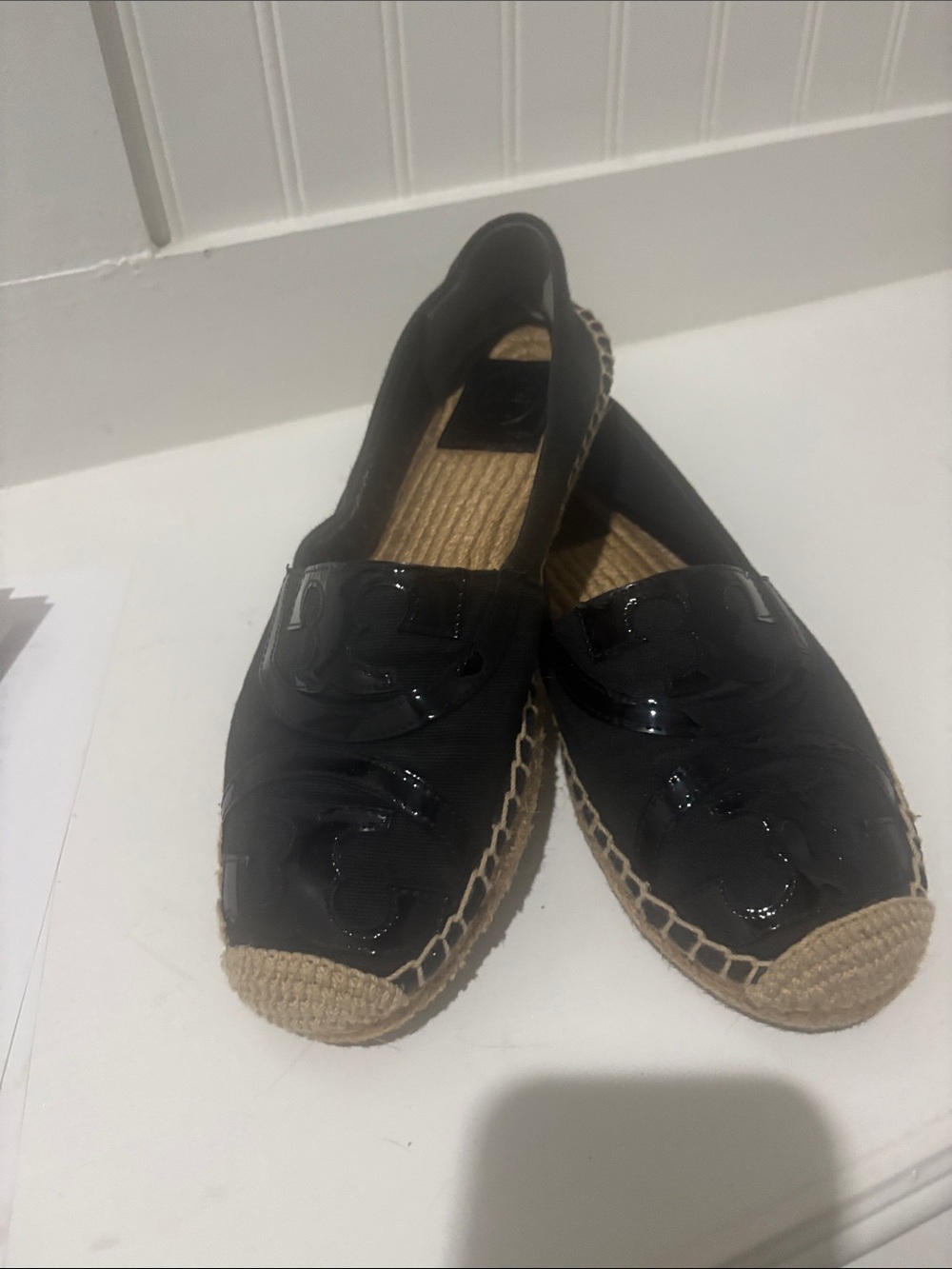 Tory Burch Black Patent Espadrille Flats with Jute Trim